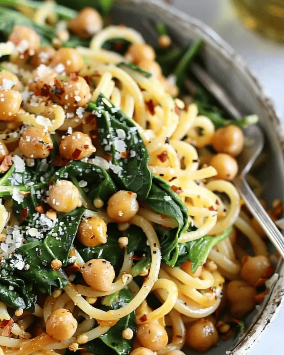 20 Minute Spicy Garlic Spinach Pasta with Chickpeas: Easy and Delicious