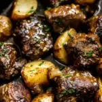crockpot garlic butter beef bites with potatoes