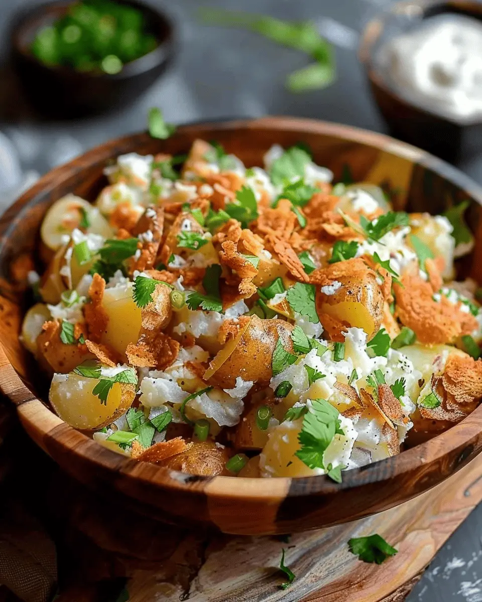 Crispy Smashed Potato Salad with Turkey Bacon and Chicken Ham