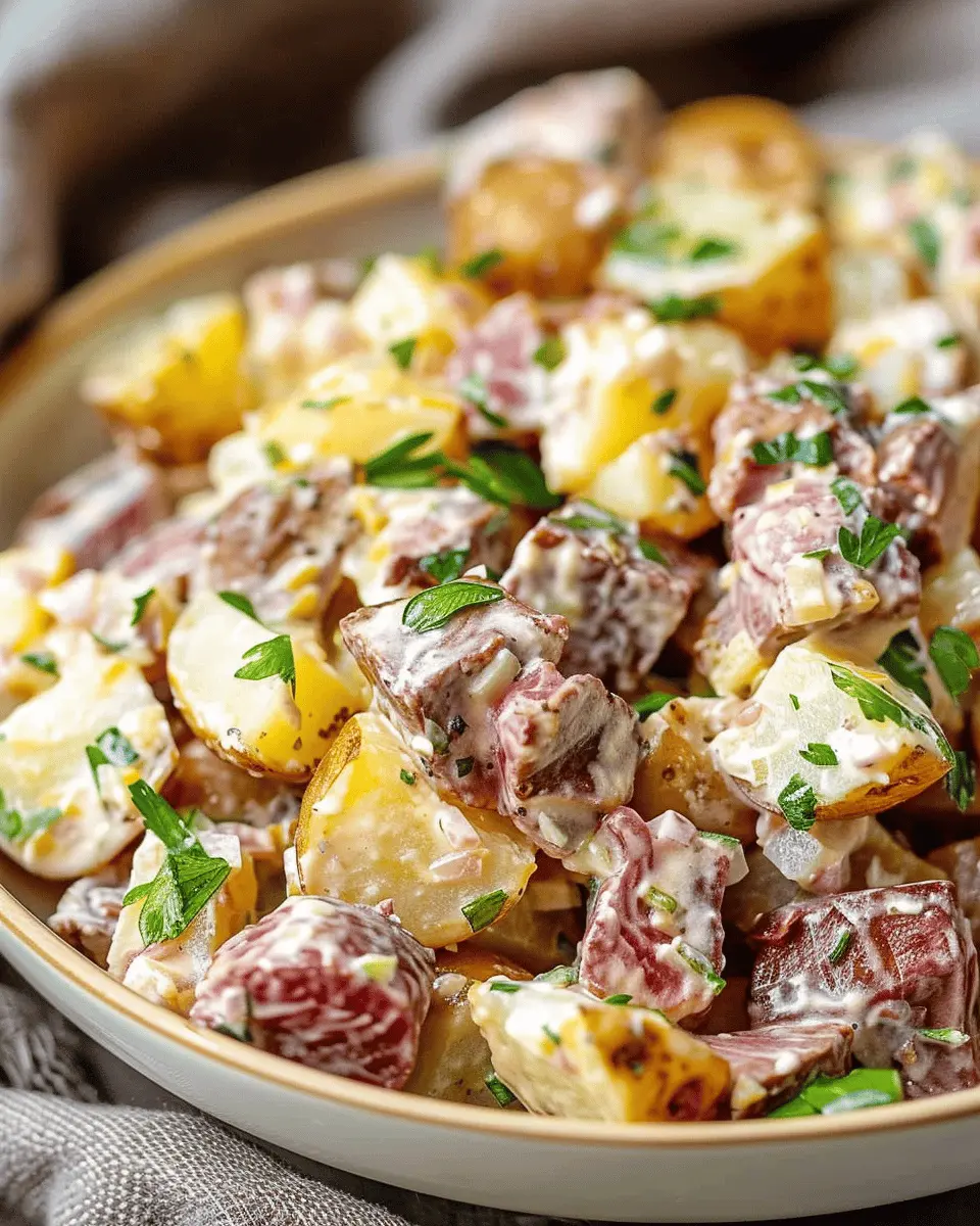 Steakhouse Potato Salad Loaded with Turkey Bacon and Chicken Ham