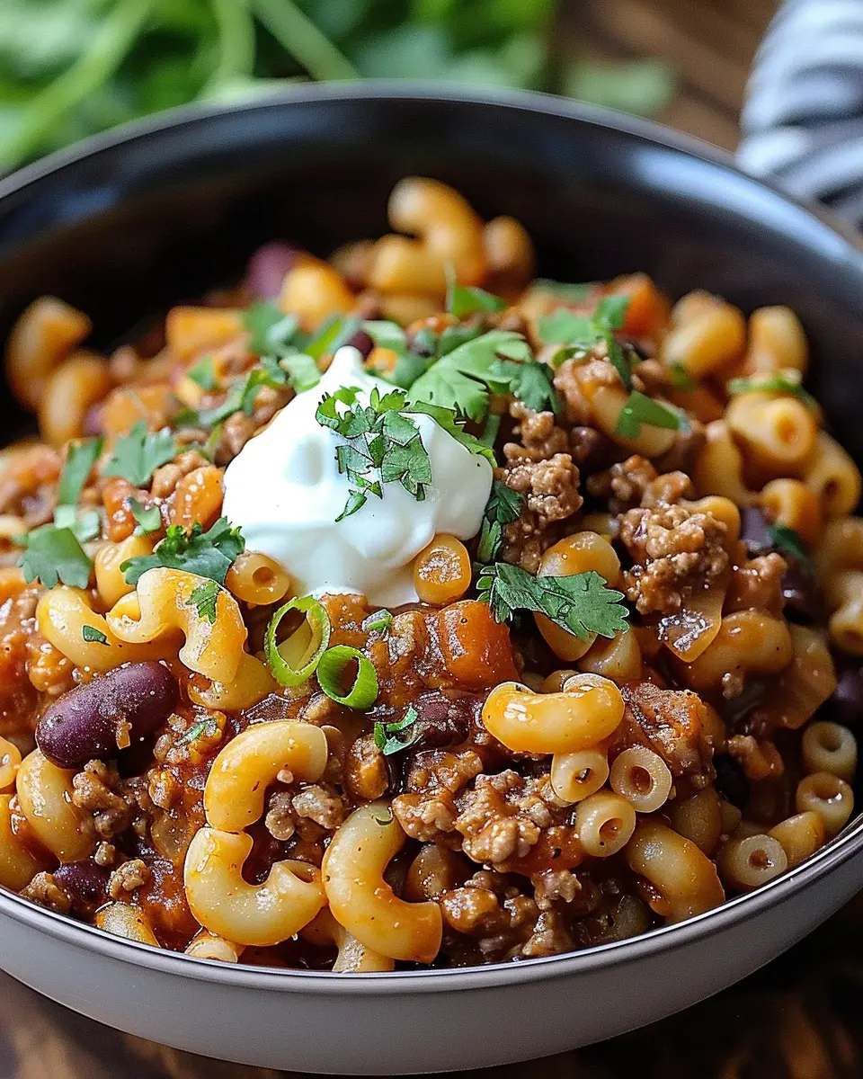 Dutch Oven Chili Mac with Turkey Bacon and Chicken Ham Delight