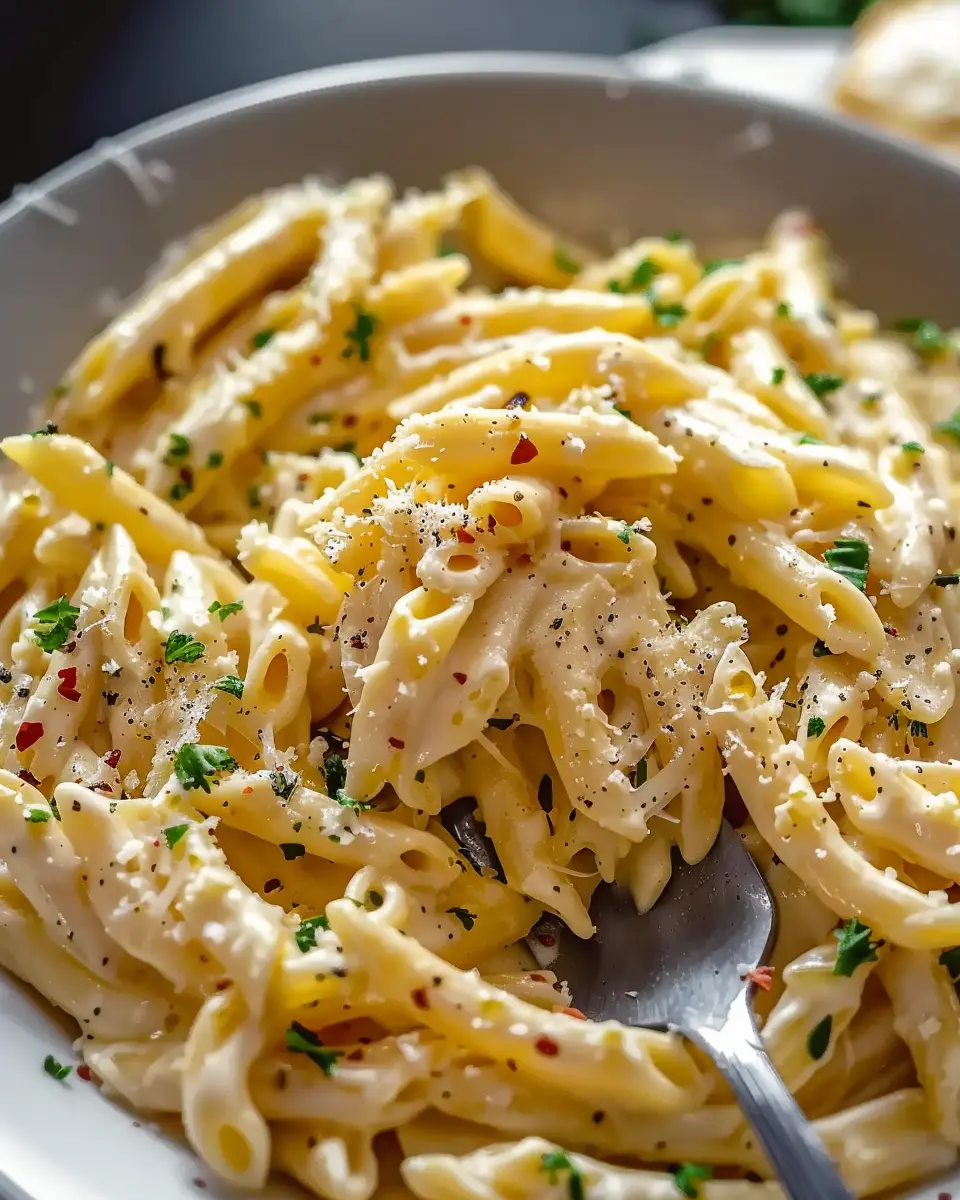 One Pot Creamy Garlic Pasta with Turkey Bacon and Chicken Ham