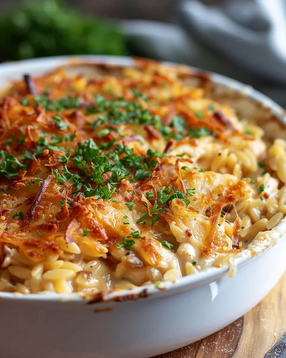 French Onion Chicken Orzo Casserole with Turkey Bacon Delight