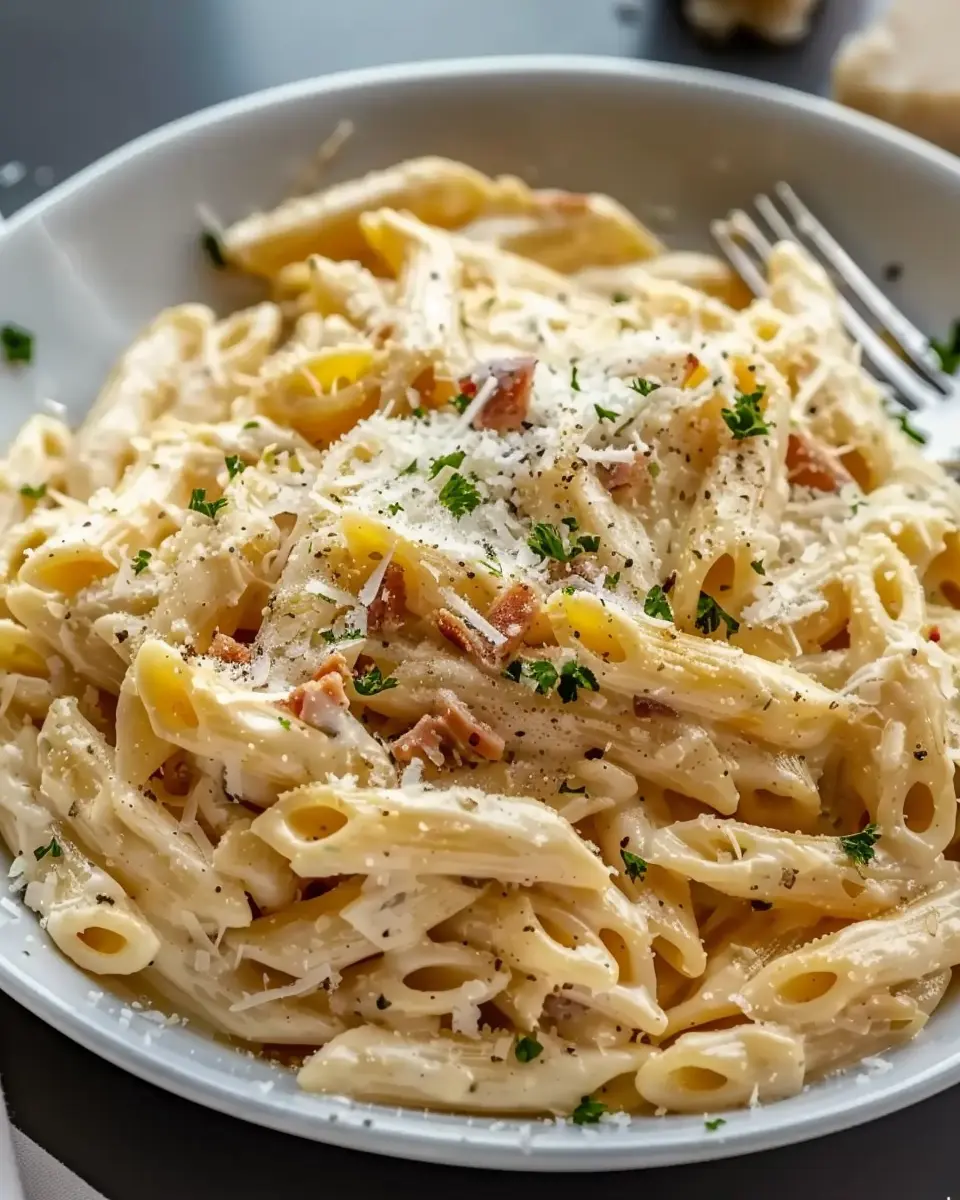One Pot Creamy Garlic Pasta with Turkey Bacon and Chicken Ham