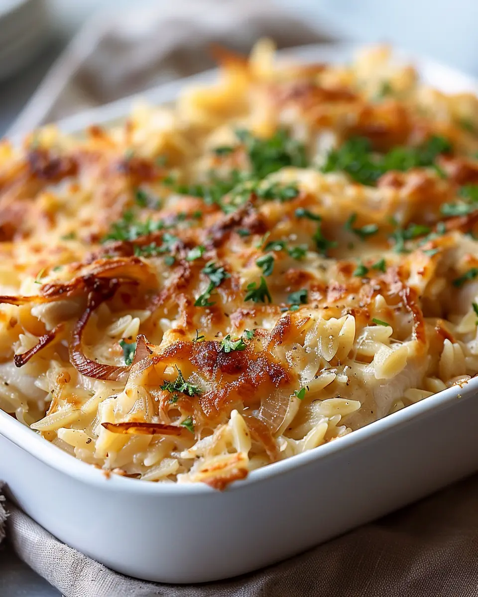 French Onion Chicken Orzo Casserole: Indulgent Comfort Food Delight